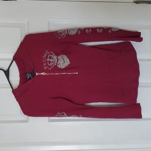 Stretch knit long sleeve, hooded top with half zip
